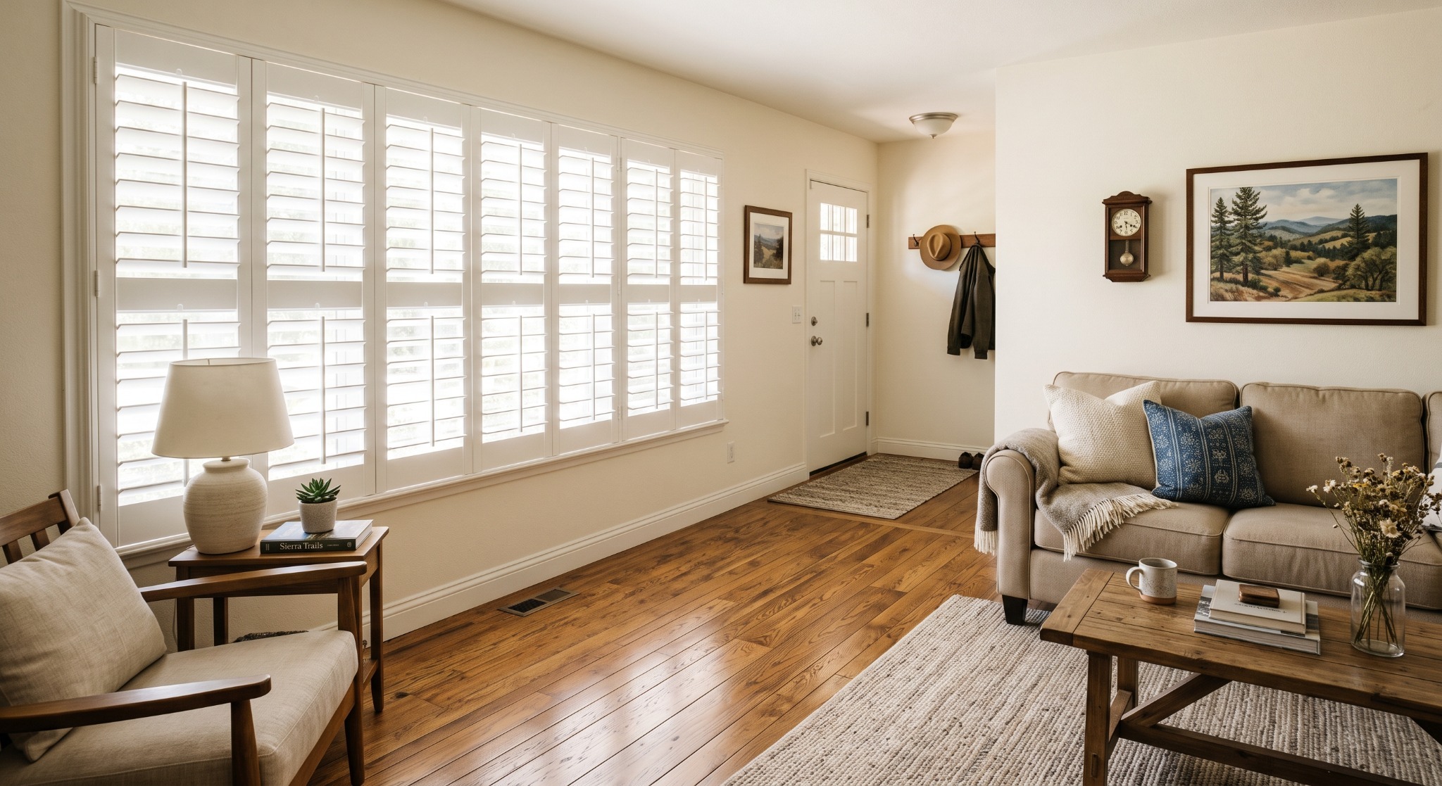White window shutters with hardwood flooring
