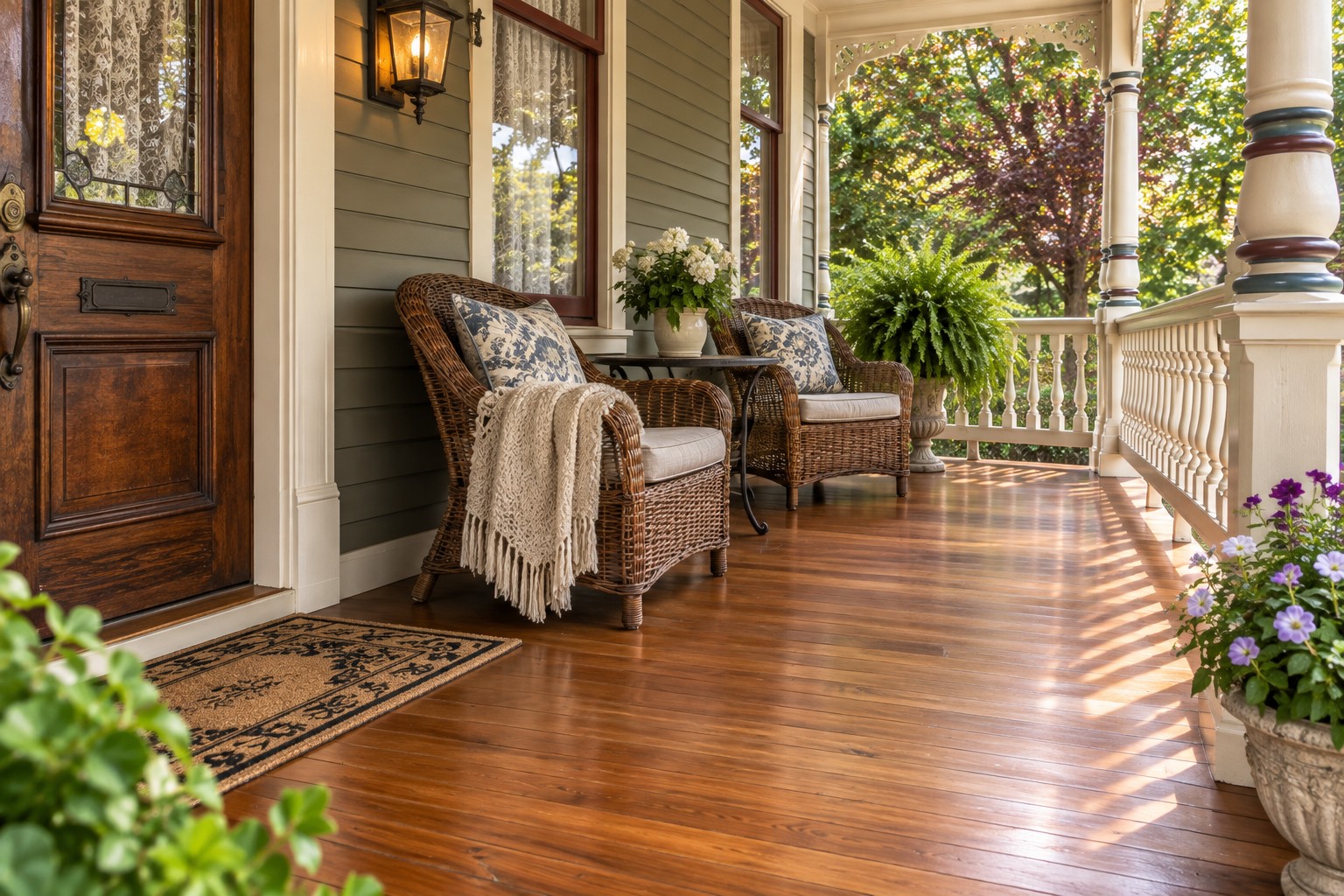 Restored Victorian porch with detailed trim and hardwood flooring