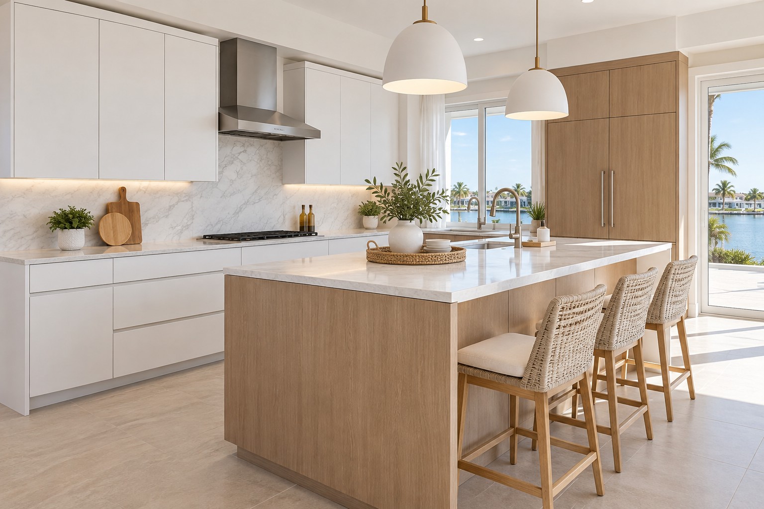 Flat panel cabinet doors in a bright coastal kitchen with white and wood cabinetry