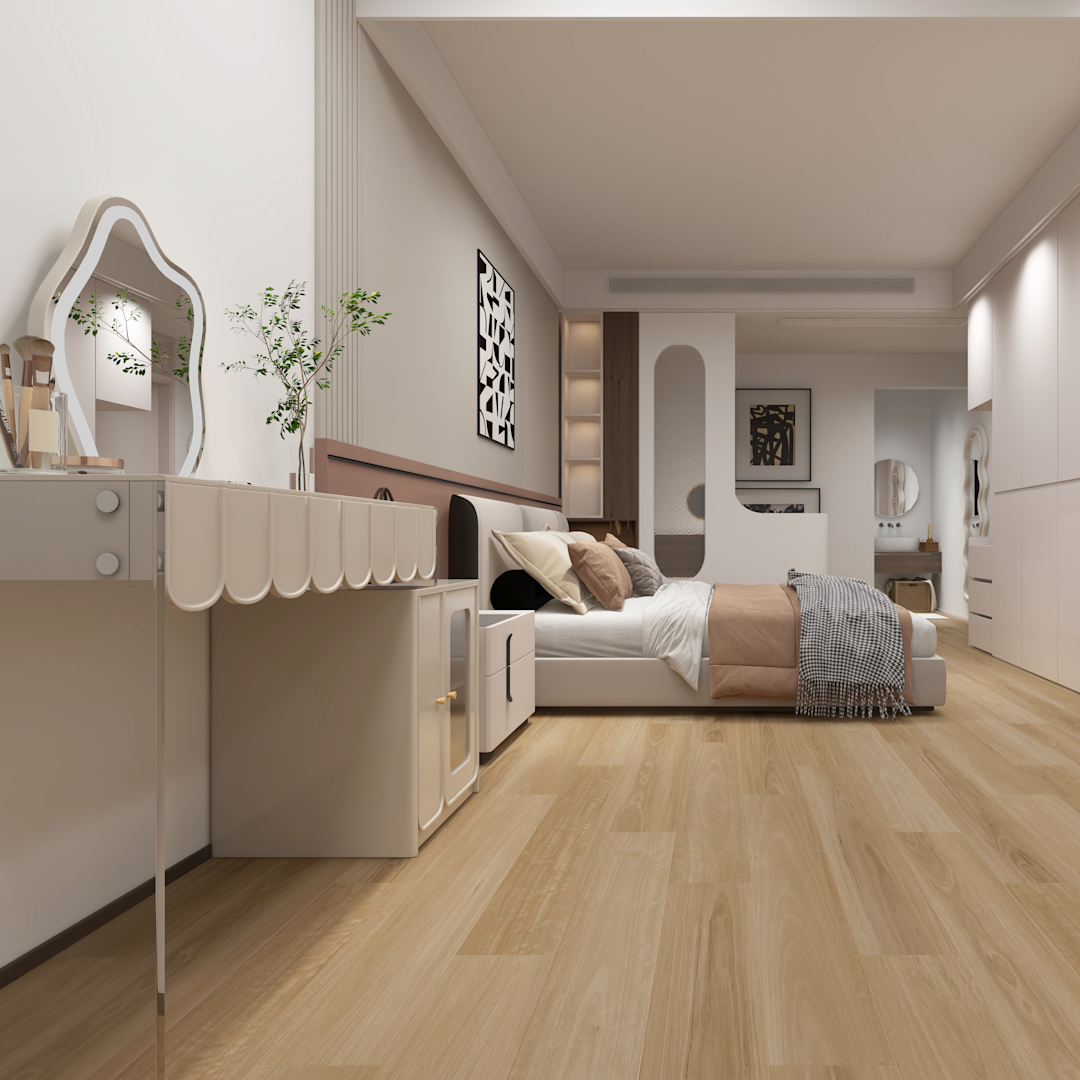 Light maple hardwood flooring in a modern bedroom