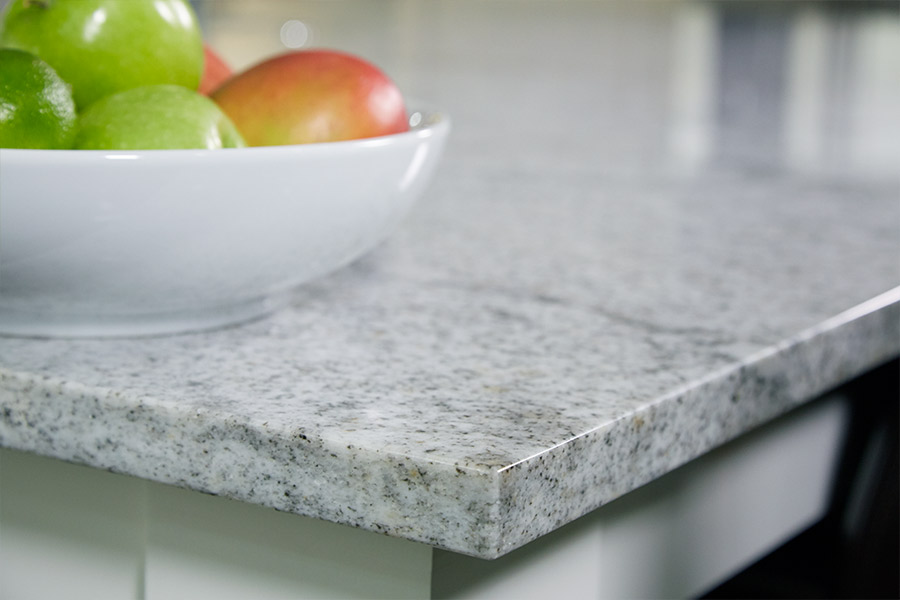 White granite countertop with a polished edge in a kitchen