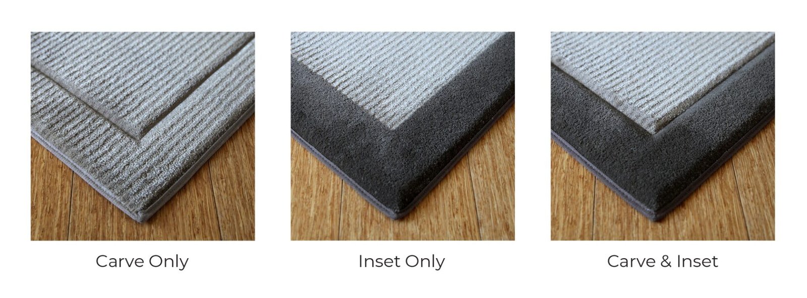 Three corners of a light gray textured rug showing Fabrica border designs: a carved border in matching gray, a dark charcoal inset border, and a combined carved and charcoal inset border, each on a wood floor