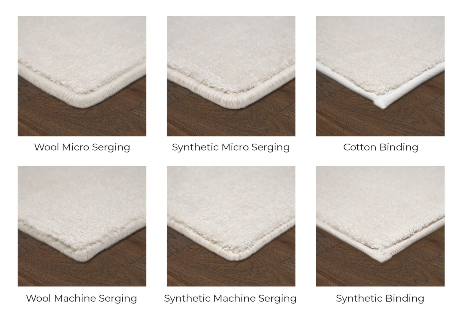 Six close-up corners of a cream carpet sample, each showing a different edge finish: wool micro serging, synthetic micro serging, cotton binding, wool machine serging, synthetic machine serging, and synthetic binding